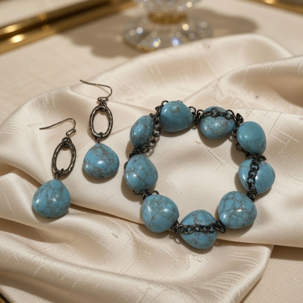 Turquoise Color Stone Bracelet Earrings Set Blue Boho Southwestern Style